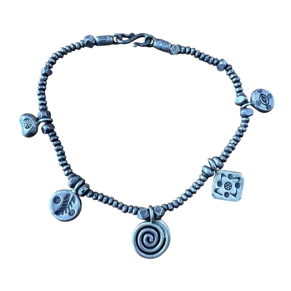 Handmade Silver Beaded Charm Bracelet With Floral & Spiral Designs